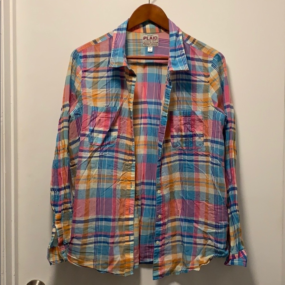 Blue, Pink + Orange Light Button-Up Plaid Shirt